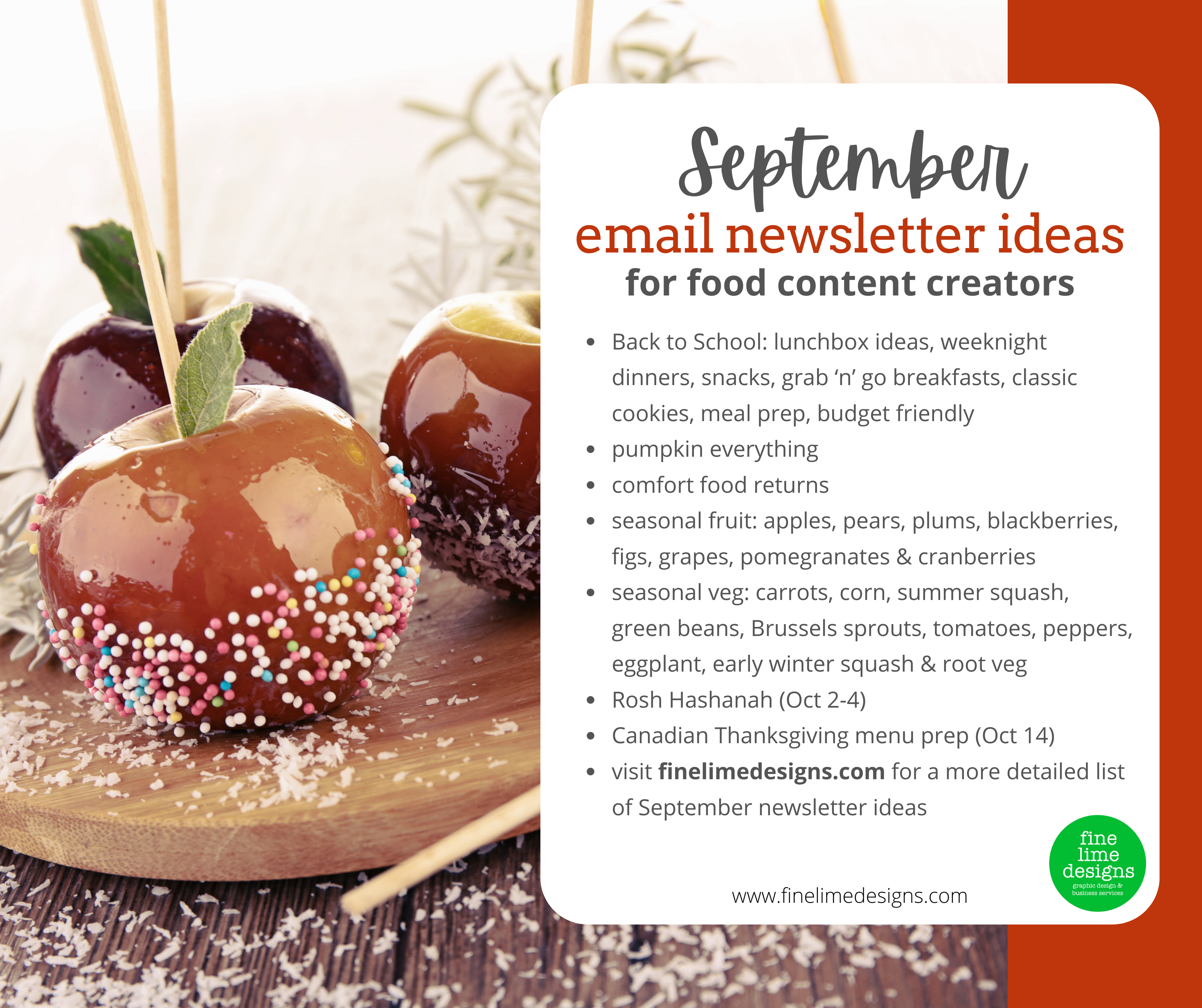 candied apples on a wooden cutting board. A text overlay outlines some of the September email newsletter ideas for food content creators that are discussed in the article